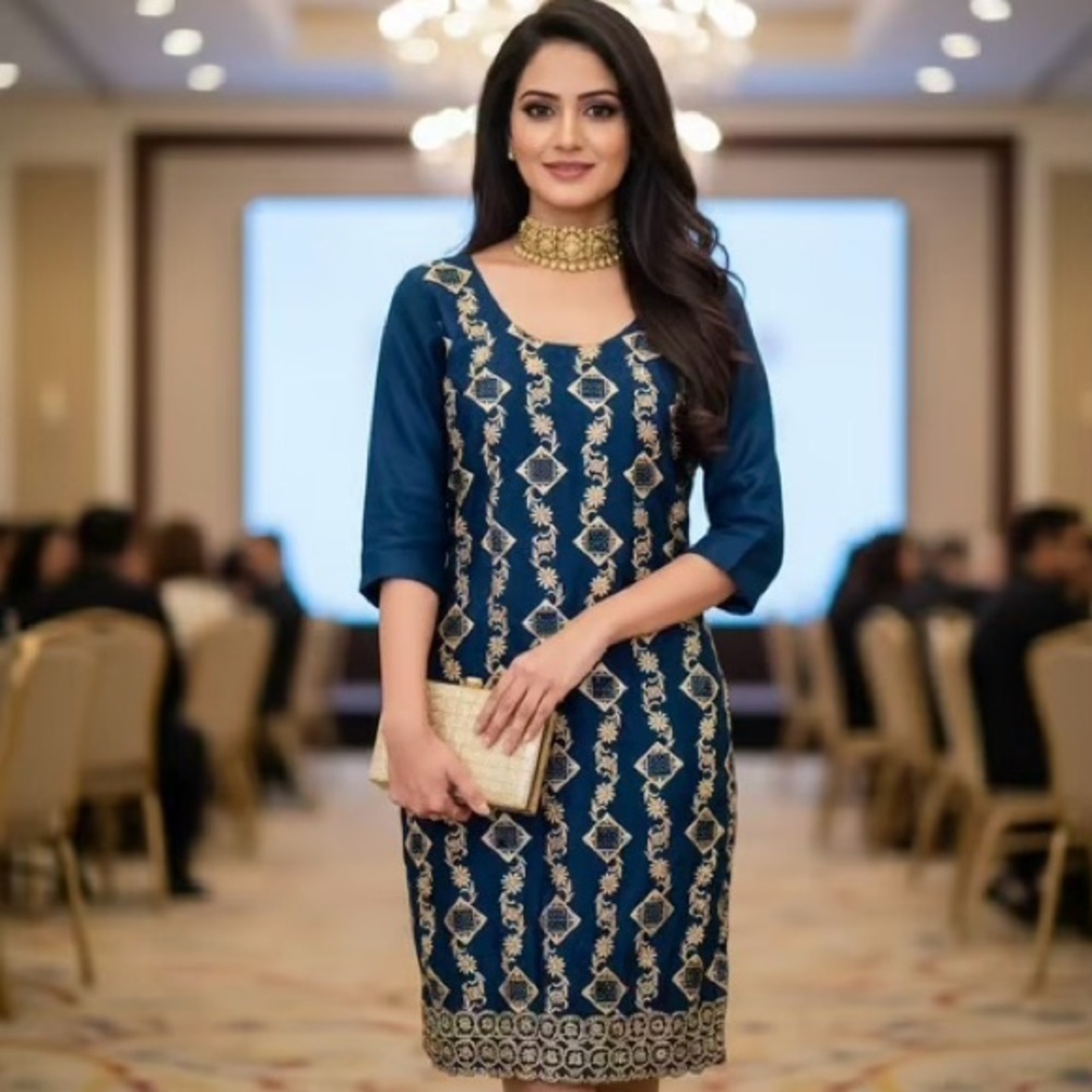 Elegant Blue Dress with Gold Embroidery approx M